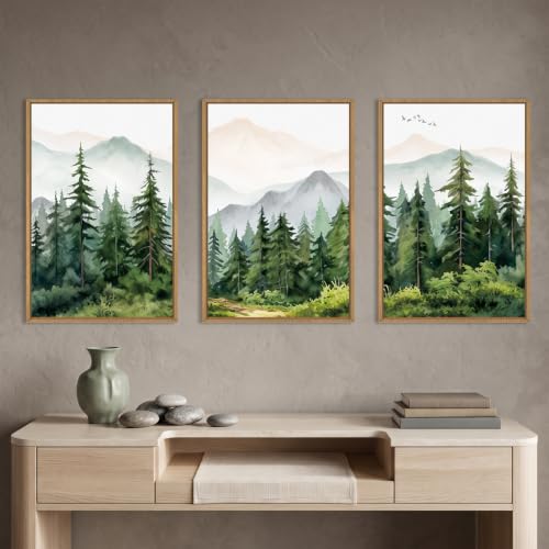 Green Forest Mountain Range Framed Canvas Wall Art -16''x24''x3 - color: Green Forest Wall Art, size: 16"L x 24"W