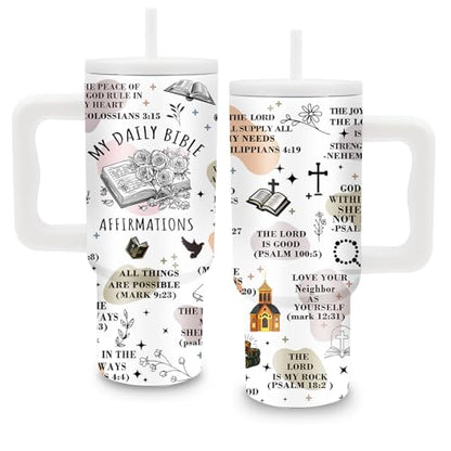 Religion Gift, 24oz My Daily Bible Affirmations Tumbler with Handle Straw - color: Daily Affirmations
