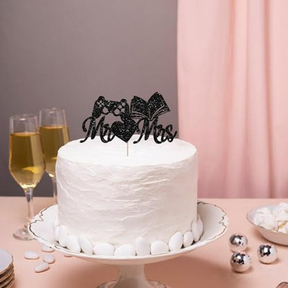 Gamer and Book Reader Wedding Cake Topper, Funny Mr & Mrs Cake Decor, Black Glitter Game Console and Book Couple Cake Topper for Engagement/Anniversary/Bridal Shower Party Decoration - style: Game&Book