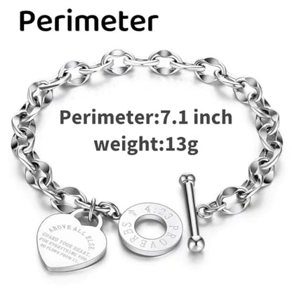 Heart Charm Bracelet Plated 18K Gold/Silver/Rose Gold Bible Scripture Heart Bracelet for Women Jewelry Gift Her Link Chain OT Clasp Stainless Steel - color: Silver（7.1 inch）