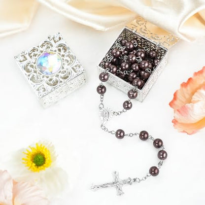 Coffee Pearl-Style Rosary Necklace with Metal Gift Box, 8mm, 22 Inch - color: Coffee color