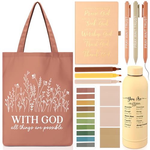 Sayglossy 11 Pcs Christian Gifts Set, Tumbler Notebook Bag Pens, Brown - color: Brown