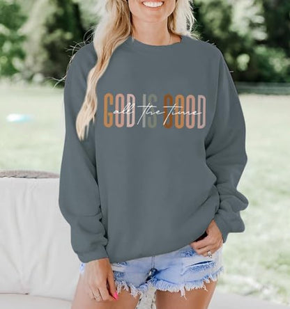 KIEKIECOO God is Good Sweatshirts for Women Christian Faith Sweatshirt Bible Verse Religious Long Sleeve Shirts Pullover - color: Deep Gray, size: Large