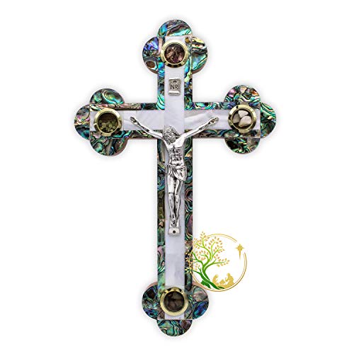 XLarge Handmade Mother of Pearl wall cross inlaid over Olivewood- Modern Religious Home wall décor - Unique Wooden crucifix for all occasions