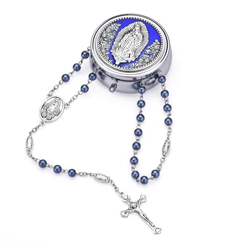 Guadalupe Rosary Beads for Women with Metal Box and 18pcs Holy - color: -Blue