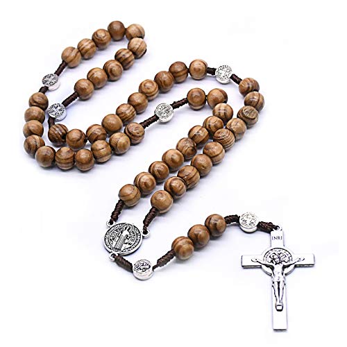 Handmade Wooden Resin Crucifix Rosary Beads Chain Pendant Necklace Colorful Love Heart Catholic Cross Virgin Mary Jesus Necklace for Women Men Religious Lord Praying Jewelry Gift - color: D brown
