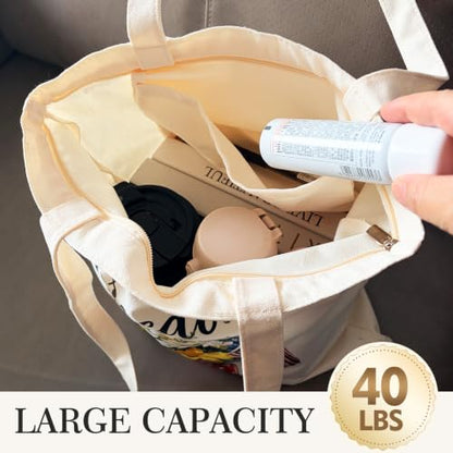 Canvas Tote Bag with Zipper, Halloween Trick or Treat Bags for Kids Bulk - color: [A0] Freedom - Beige