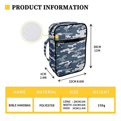 Coldinair Blue Camo Print Bible Cover for Men Women Teens,Carrying Book Case Church Bag Bible Protector with Handle and Zippered Pocket - color: Blue Camo