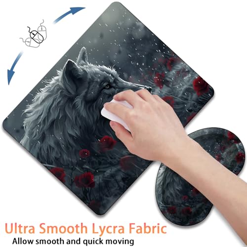 Mouse Pad 9.4"x7.9" + Wrist Support Pad + Embroidered Cup Pad Non-Slip Set, Ergonomic Mouse Wrist Support Pad, Suitable for Office/Gaming/Home Use, Wolf and Rose - color: Wolf and Rose