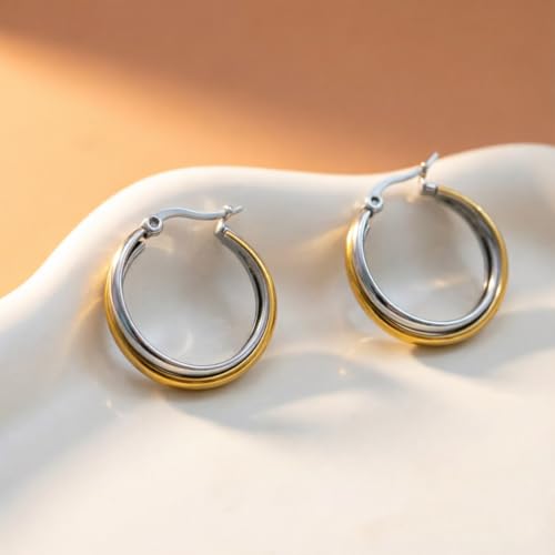 Criss Cross Hoop Earring for Women,24mm Wide Intertwined Round Hoops Jewelry - color: Tow Tone