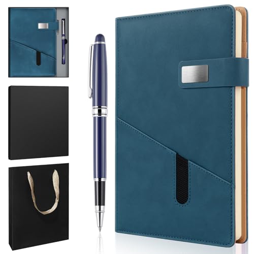 A5 Lined Leather Notebook and Pen Set with Gift Box, 240 Pages Refillable Journal with Pocket and Magnetic Buckle, Hardcover Daily Diary for Men and Women Business Travel Personal Writing- Blue - color: Blue