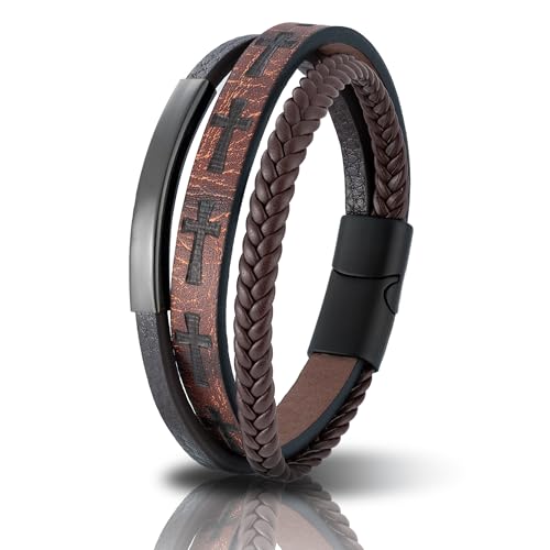 Mens Leather Cross Bracelet Multilayer Braided Wristband Bangle Bracelets with Stainless Steel Buckle Religious Gift for Men Brown/Black/Blue–8.3 inch - color: Brown-2, size: 8.3in(Fits most wrists)