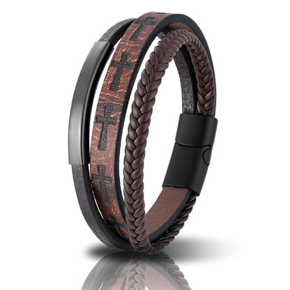 Mens Leather Cross Bracelet Multilayer Braided Wristband Bangle Bracelets with Stainless Steel Buckle Religious Gift for Men Brown/Black/Blue–8.3 inch - color: Brown-2, size: 9in(Fits larger wrists)