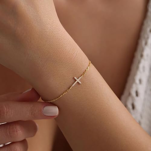 Moodear Cross Bracelet for Women, Dainty Sterling Silver/Gold Plated Gift - color: CZ Gold Cross Bracelet