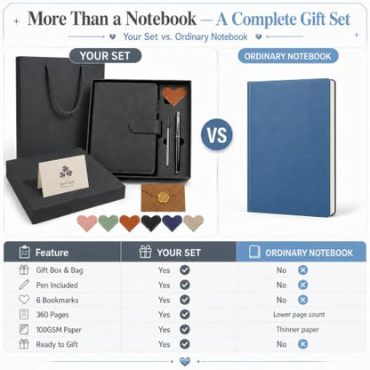 A5 Leather Journal for Women Men, Hardcover Notebook Set with Pen, Black - color: Black
