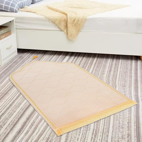 Muslim Prayer Rug with Tasbih Prayer Beads, Soft Memory Foam Prayer Matt Islam, Padded Islamic Prayer Mat Thick for Men and Women, Janamaz, Sajadah (25.6" x 43.3", Beige) - color: Beige