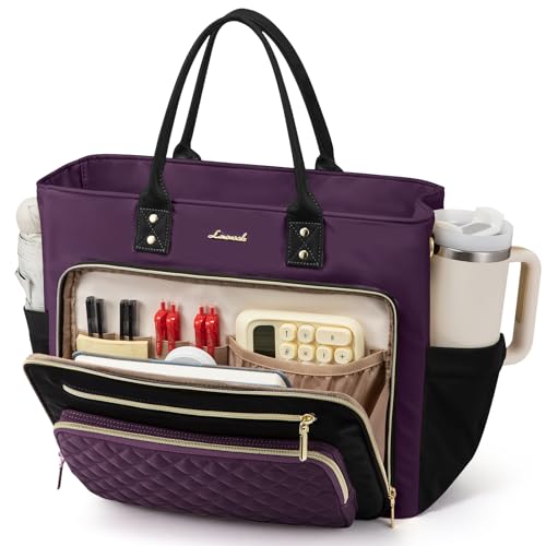 LOVEVOOK Insulated Lunch Tote Bag for Women, Large Capacity Work Bag with Laptop Compartment & Cup Holder, Water Resistant Nurse Tote for Office, Leakproof Crossbody Handbag, 15.6 Inch Black-Purple - color: Black-purple, size: 15.6 inch with Lunch Compart