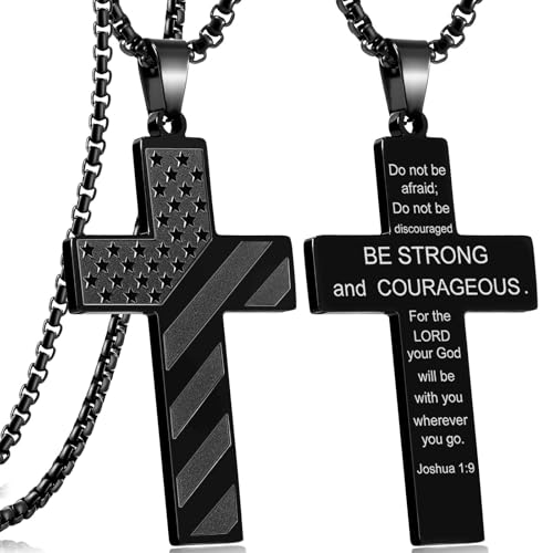 RWQIAN American Flag Cross Necklace for Men Bible Verse, Christian Religious Scriptures Faith Baptism 1st First Communion Pendant Chain for Boys, Fathers Dad Day Graduation Jewelry Gifts for Him - color: Black, style: Joshua 1:9
