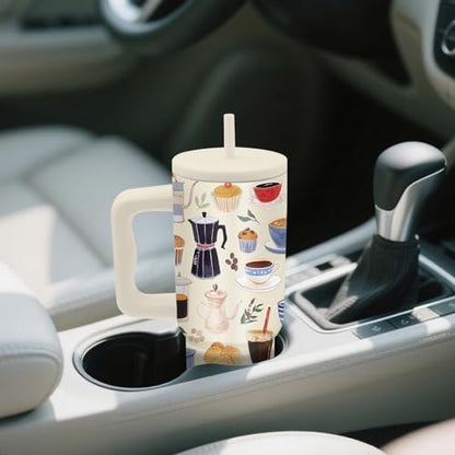 Gifts for Women - 24 oz Tumbler with Handle and Straw - Insulated Stainless Steel Cup, Leakproof, Cute Teapot Dessert Coffee Design Travel Mug, BPA Free, Fits Car Cup Holders, Keeps Drinks Cold/Hot - color: Coffee