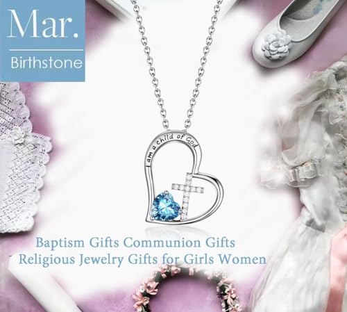 Birthstone Cross Necklace for Girls, Child of God Cross Gifts Jewelry - color: 03. March, style: 01. Silver