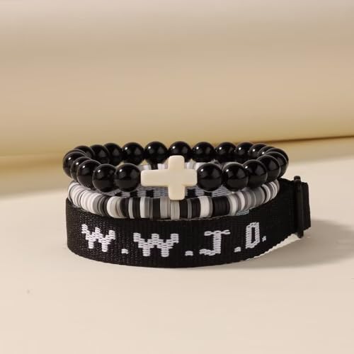WWJD Bracelets Set WWJD Wristbands Christian Cross Bracelet Stackable Clay Bead Bracelets Stretch Glass Beaded Inspirational Christian Jewelry Gift for Couples Women Men - color: 3PCS Black