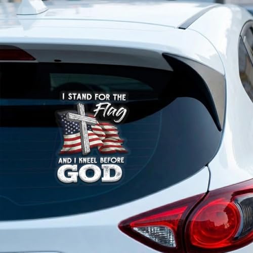 Christian Cross US Flag Car Decal – I Stand for the Flag and Kneel Before God Sticker, Patriotic Religious Vinyl Window Decal for Car Truck SUV Bumper Laptop Mirror, Waterproof – 6.2 x 4.7 Inch