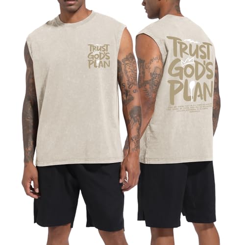 BINTEHGS Mens Sleeveless Graphic Tees Christian Tank Tops Workout Cut Off Shirt Acid Wash Gym Tanks Religious Faith Tee - color: Apricot, size: Large