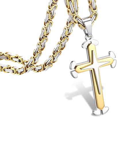 sailimue Stainless Steel Byzantine Cross Necklace for Men 22-30 inch - color: Gold, size: 30 in=76 cm (Ultra Long)