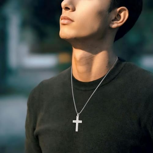HZMAN Stainless Steel Cross Necklace for Men Women Lord's Prayer Pendant - color: Silver