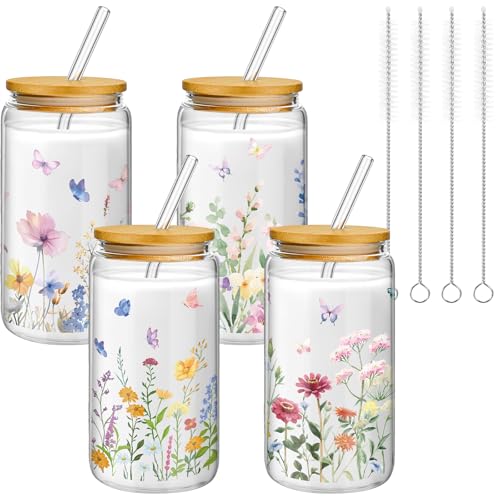 Mumufy 4 Pack Wildflower Glass Cup, 16 oz Tumbler Mug with Bamboo Lid - style: Wild Flower