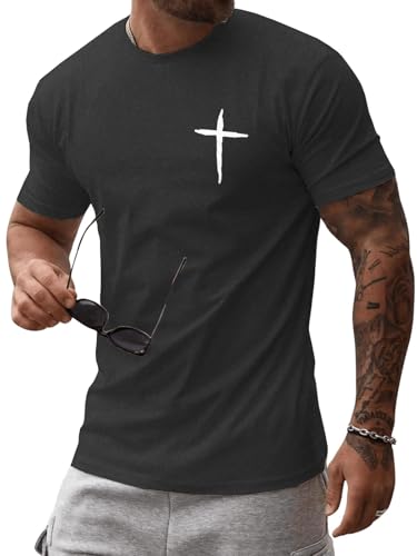 Mens Short Sleeve Cotton T-Shirts Crew Neck Jesus Cross Printed Shirts Faith Christ Shirts - color: Dark Grey, size: Medium