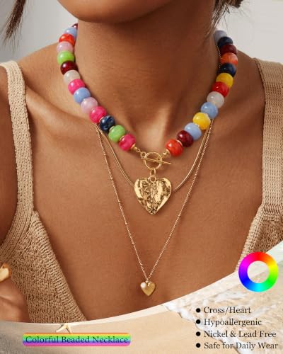 ZHESHY Chunky Beaded Necklaces for Women Heart Cross Statement Necklace - color: Multicolor 3