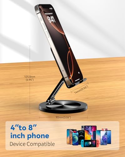 Phone Stand for Desk, 360° Rotating Dual Adjustable Foldable Cell Phone Holder, Heavy Solid All-Aluminum Base Anti-Slip Stable Support for Home Office Study, Fits iPhone Galaxy 4-8" Phones - color: Black