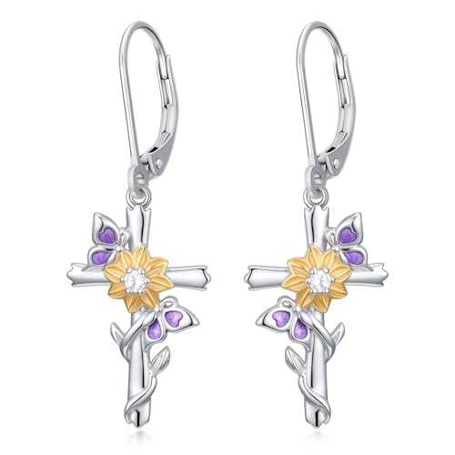 925 Sterling Silver Sunflower/Rose/Plumeria/Hibiscus/Mushroom Cross Earrings for Women Hawaiian Flower/Butterfly Cross Dangle Drop Earrings Jewelry Faith Christian Gift for Her Daughter Wife Girlfriend - style: Sunflower Cross 2