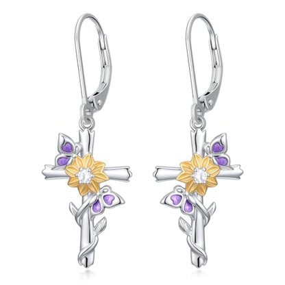 925 Sterling Silver Sunflower/Rose/Plumeria/Hibiscus/Mushroom Cross Earrings for Women Hawaiian Flower/Butterfly Cross Dangle Drop Earrings Jewelry Faith Christian Gift for Her Daughter Wife Girlfriend - style: Sunflower Cross 2