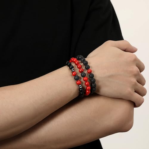 Mens Beaded Bracelets, 8MM Beaded Bracelets for Men, Natural Tiger Eye Bead Bracelet, Stretch Elastic Beads Bracelets for Men - color: 3 volcanic red turquoise black