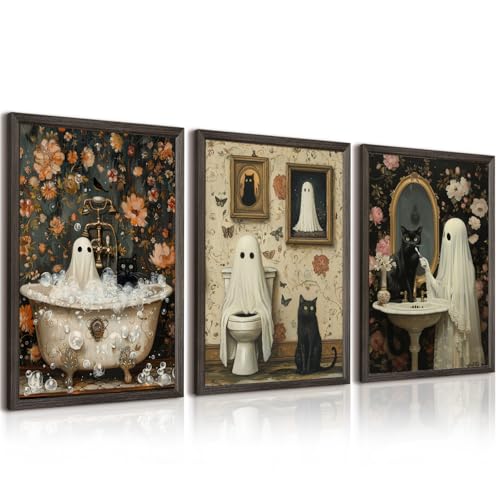 Halloween Gothic Wall Art Decor Bathroom Goth Funny Canvas Poster Dark Academia Wall Decor Horror Ghost Pictures Spooky Witchy Prints Cute Black Cat Paintings for Bathroom 12x16x3 Inch Framed - color: Halloween Ghost Prints, size: 12x16 Inch Framed