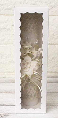 Baptism Candle with Flowers Crystals Cross Lace Ribbon, White - color: White