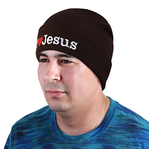I Love Jesus Beanie Hat Ski Cap All Seasons Embroidered Solid Color - color: Brown