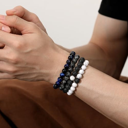 Mens Beaded Bracelets, 8MM Beaded Bracelets for Men, Natural Tiger Eye Bead Bracelet, Stretch Elastic Beads Bracelets for Men - color: 4 Snowflake Lapis Black Volcanic White