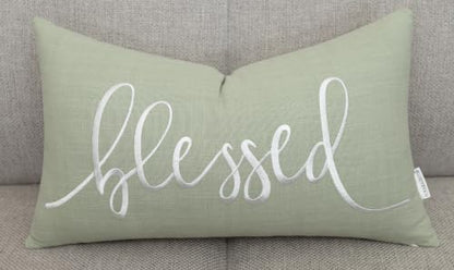 EURASIA DECOR Blessed Embroidered Lumbar Pillow Cover 12x20, Light Green - color: Light Green