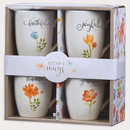 Christian Art Gifts Ceramic Coffee or Tea Mug Set for Women, Be Grateful, Faithful, Thankful, Joyful Bible Verse Mug Set, Boxed Set of 4 Coffee Cups