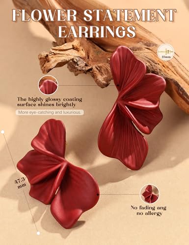 S925 Sterling Silver Flower Statement Earrings For Women Trendy - color: dark red