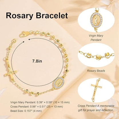 Rosary Cross Bracelet for Women, Virgin Mary Gold Silver Rose Gold 4mm Rosary Beads Catholic Bracelet - color: Gold