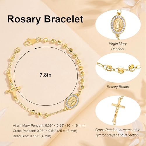 Rosary Cross Bracelet for Women, Virgin Mary Gold Silver Rose Gold 4mm Rosary Beads Catholic Bracelet - color: Gold