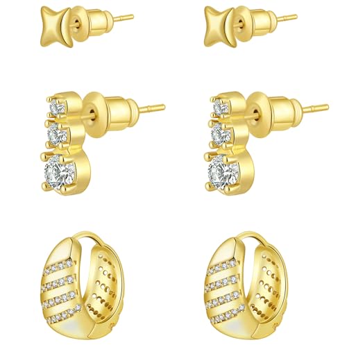 Rotnso Gold Hoop Earrings Set for Women Hypoallergenic Trendy Huggie Stack - style: 3 Pairs Star Hoops-GD
