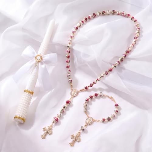 WILLBOND 3 Pcs First Communion Rosary and Candle Present Set, Rose Rosary