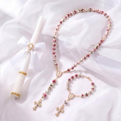 WILLBOND 3 Pcs First Communion Rosary and Candle Present Set, Rose Rosary
