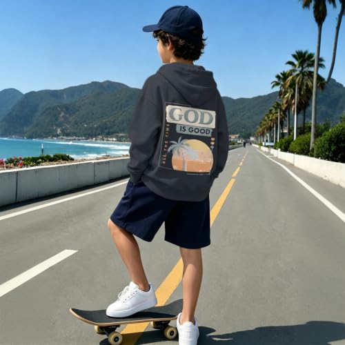 Fkatuzi Christian Graphic Hoodies For Boys Jesus God Is Good Hoodie Kids Faith Verse Bible God Religious Beach Pullover Tops - color: Deep Gray, size: 11-12 Years