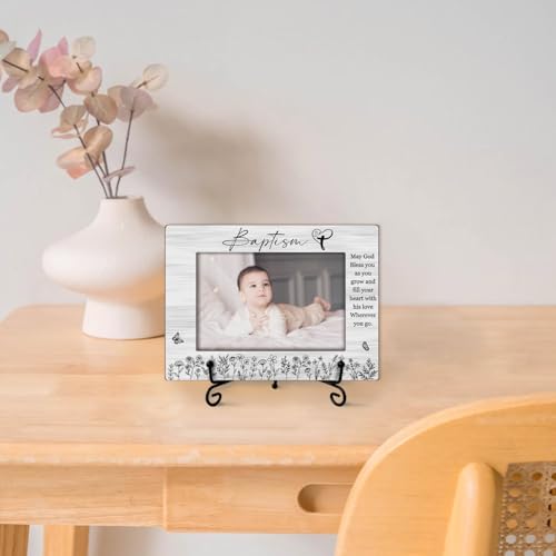 Baptism Picture Frame, Baby Blessings Christian Gifts from Godparents Friends Family, Wooden Photo Frame With Iron Stand, Tabletop Decor -32